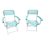 Pair of mid century distressed painted iron garden chairs