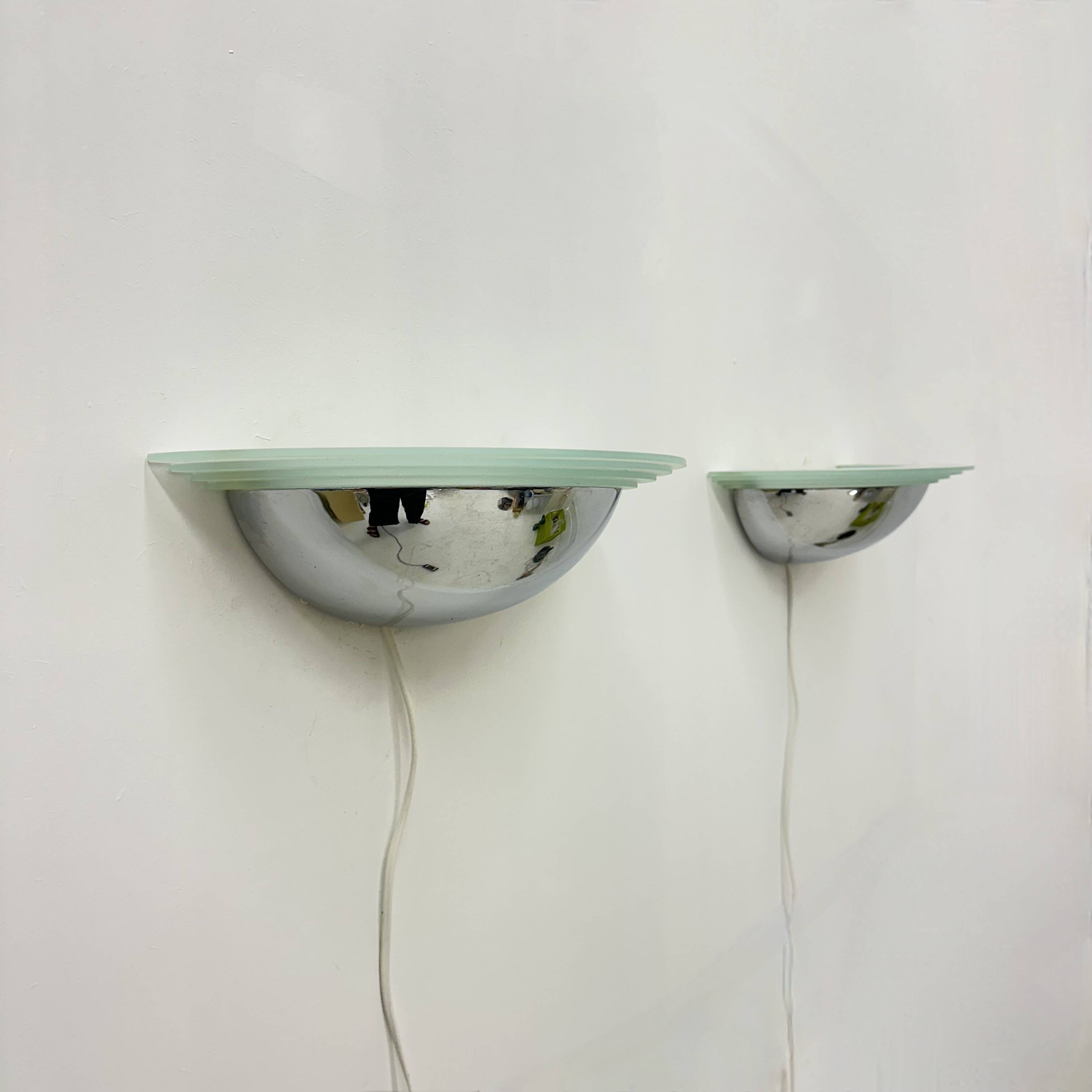Pair of post modern wall lamps chrome and glass , 1980s