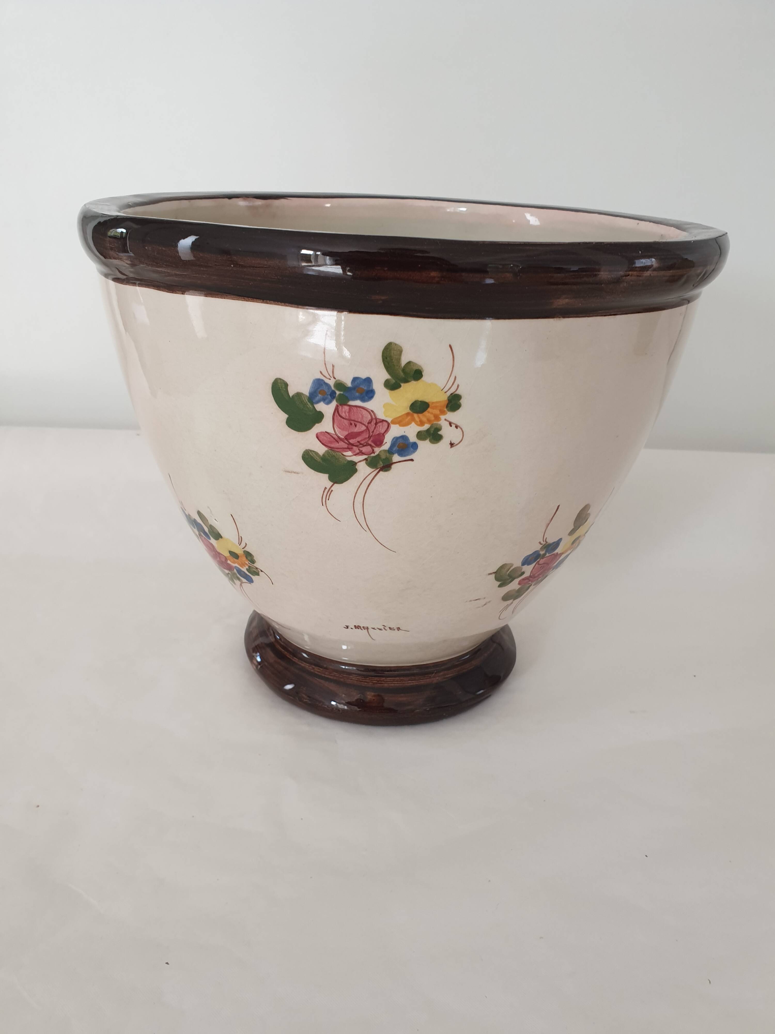 Large ceramic flowerpot with painted flower decoration Signed Massier Vallauris