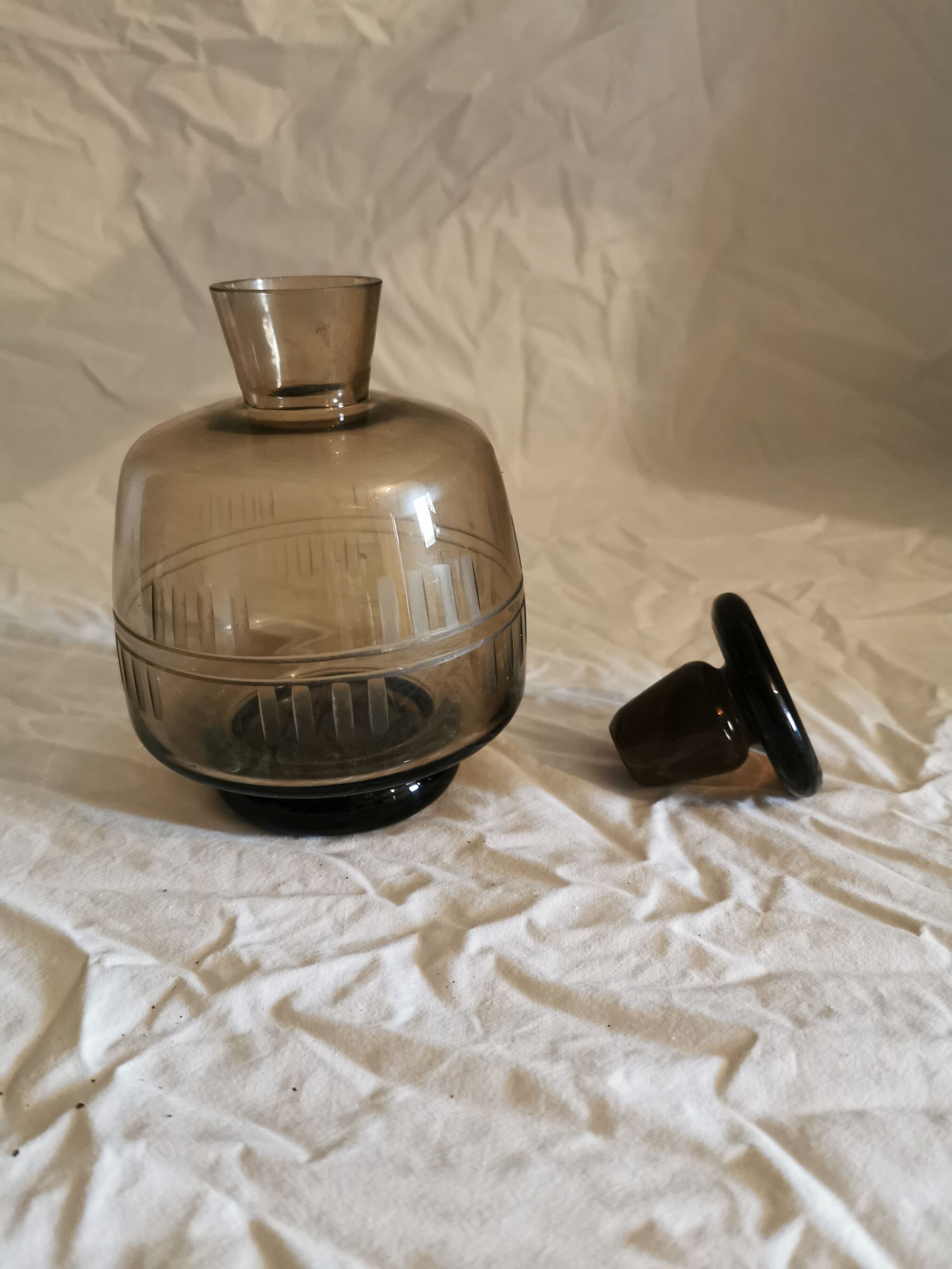 Vintage carafe smoked glass engraved decoration