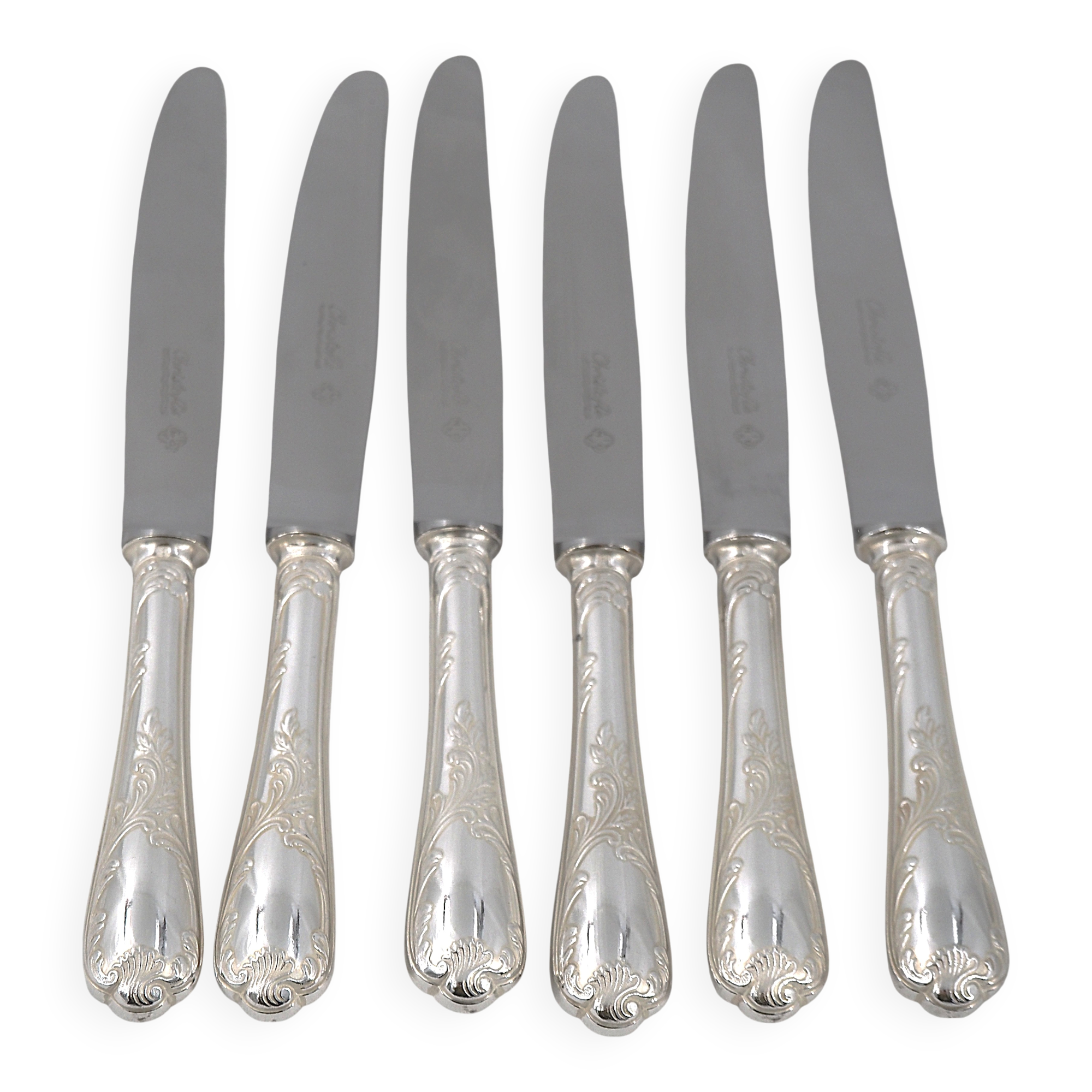 Christofle Marly, 6 dessert knives, for dessert and cheese, silver-plated metal.
