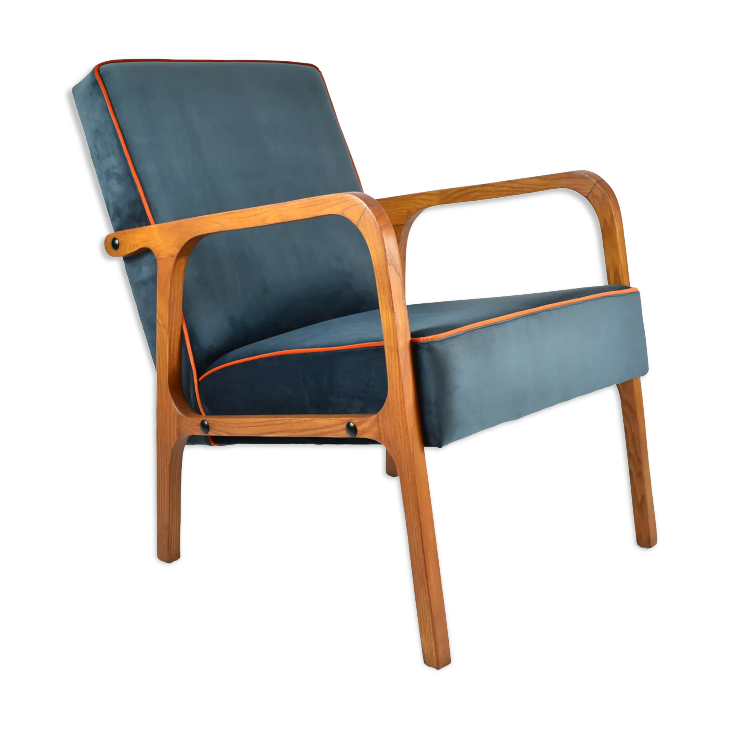 Original vintage armchair, restored, ocean blue velvet, 1960s