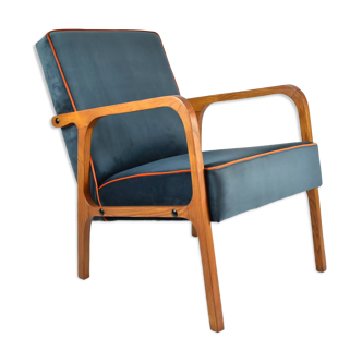 Fauteuil vintage original velours bleu océan années 1960