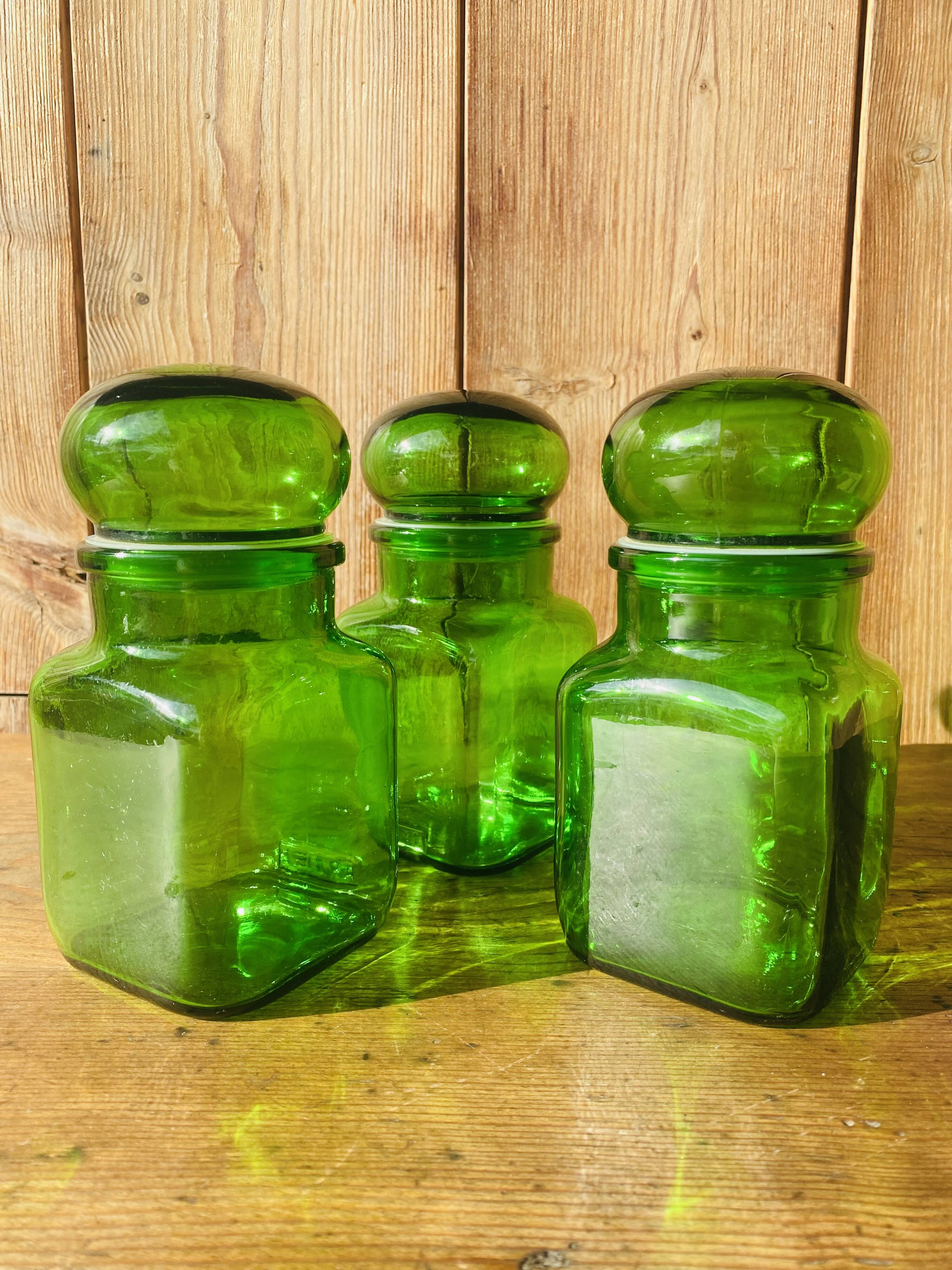 Set of 3 Ariel vintage green glass jars