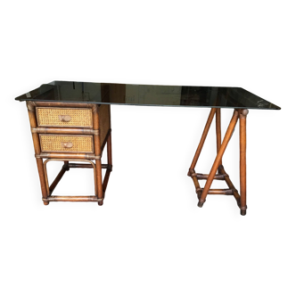 Bureau en rotin et cannage des années 60.