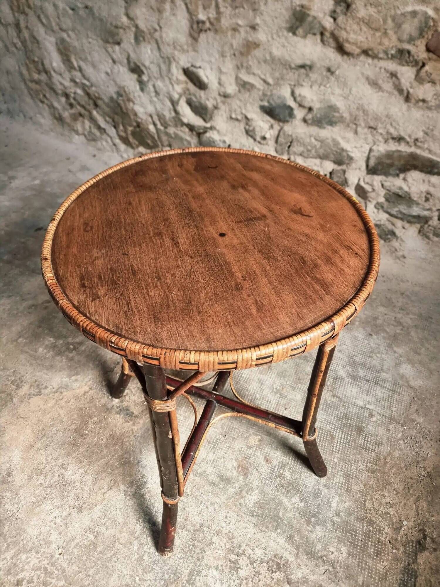 Vintage Round Bamboo and Wood Side Table | Mid-Century Bohemian Accent Table – 1950s/70s