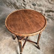 Vintage Round Bamboo and Wood Side Table | Mid-Century Bohemian Accent Table – 1950s/70s