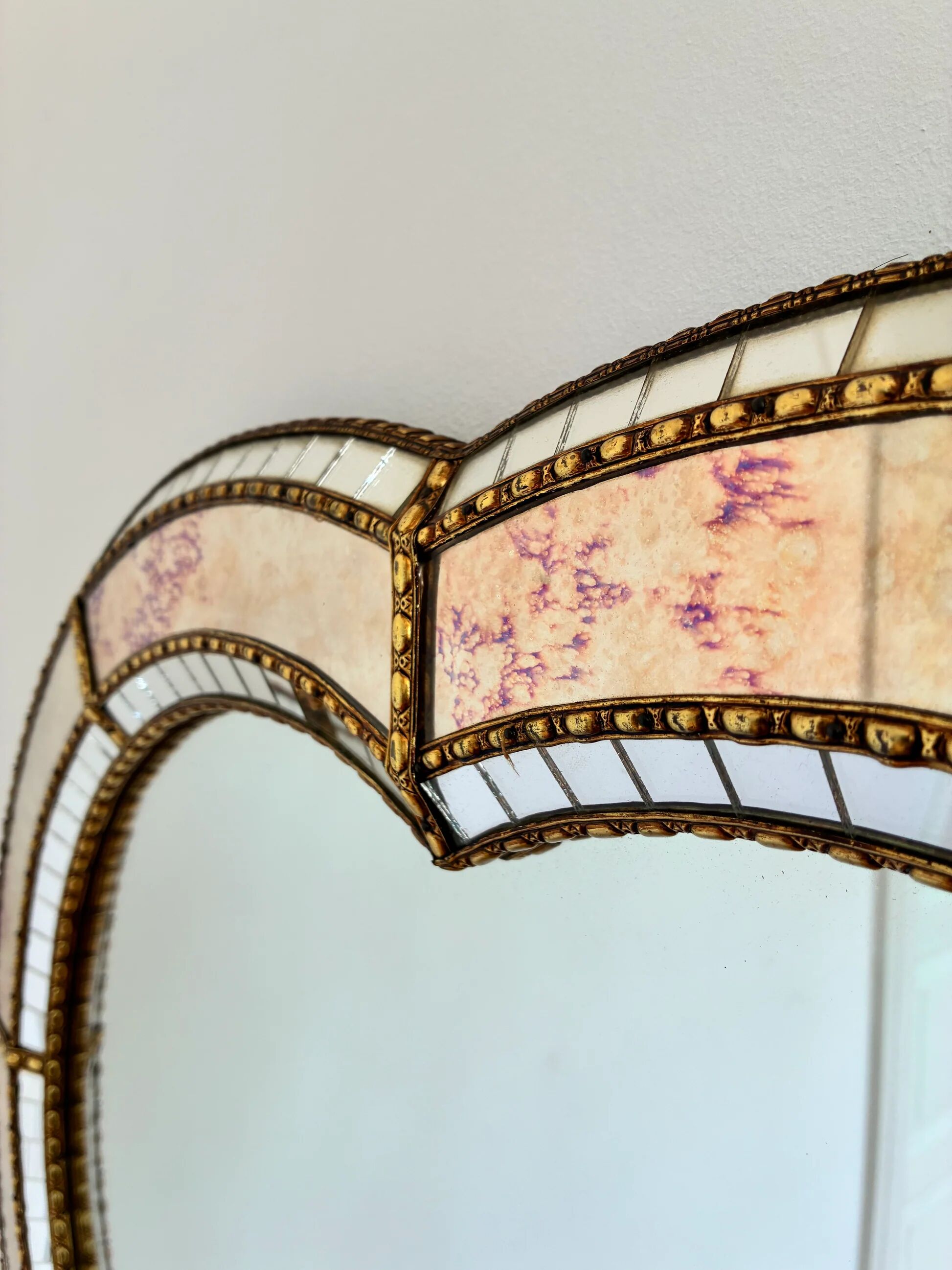 Large vintage Spanish Venetian-style wall mirror, brass, 1980s Hollywood Regency