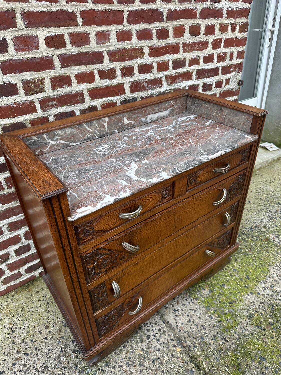 Art Deco chest of drawers, marble top, solid oak, dressing table