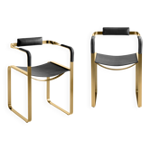 Set of 2 Armchairs, Aged Brass Steel and Black Leather, Contemporary Style