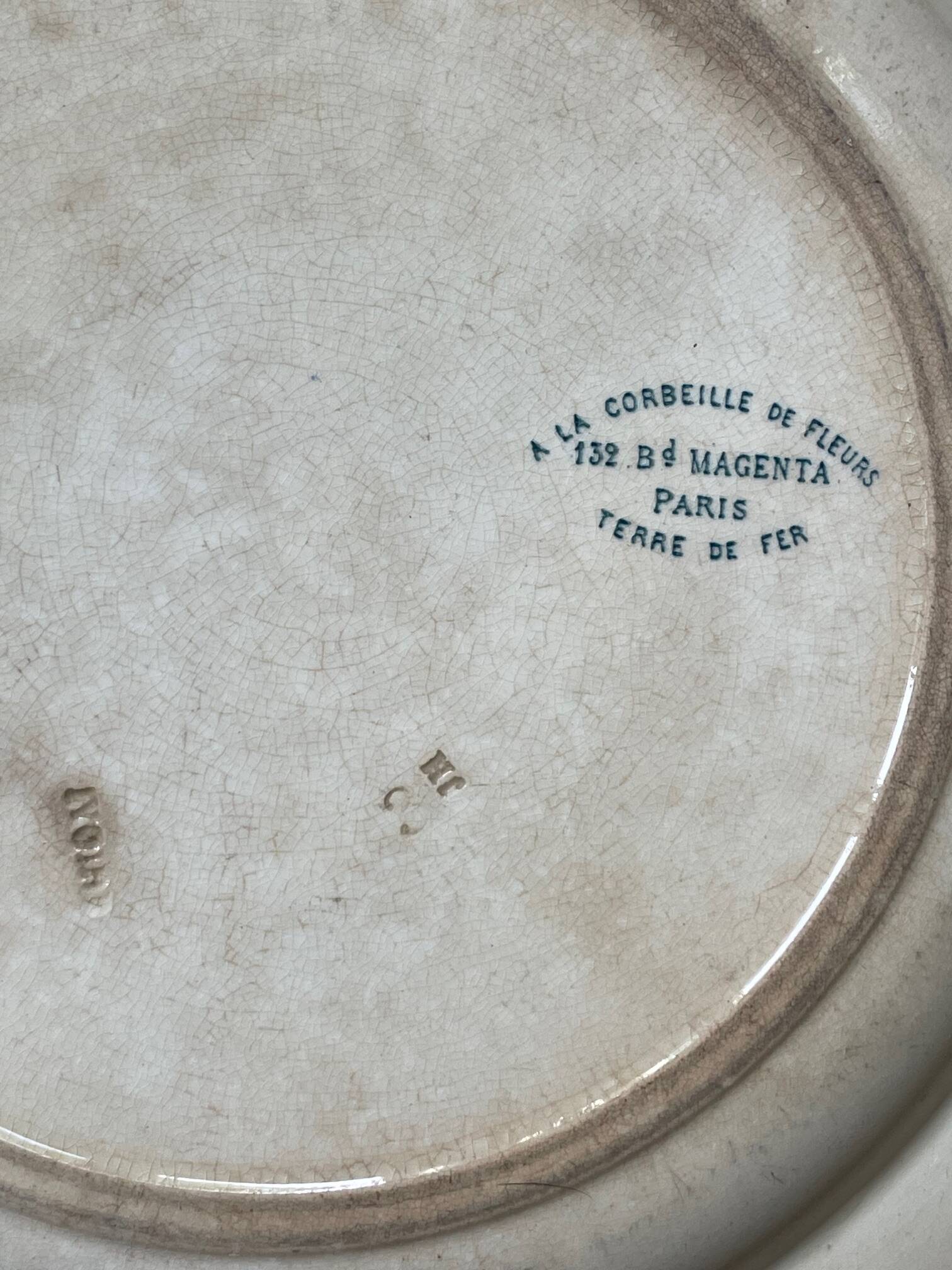 Large ironstone dish "with a basket of flowers" 132 bd magenta