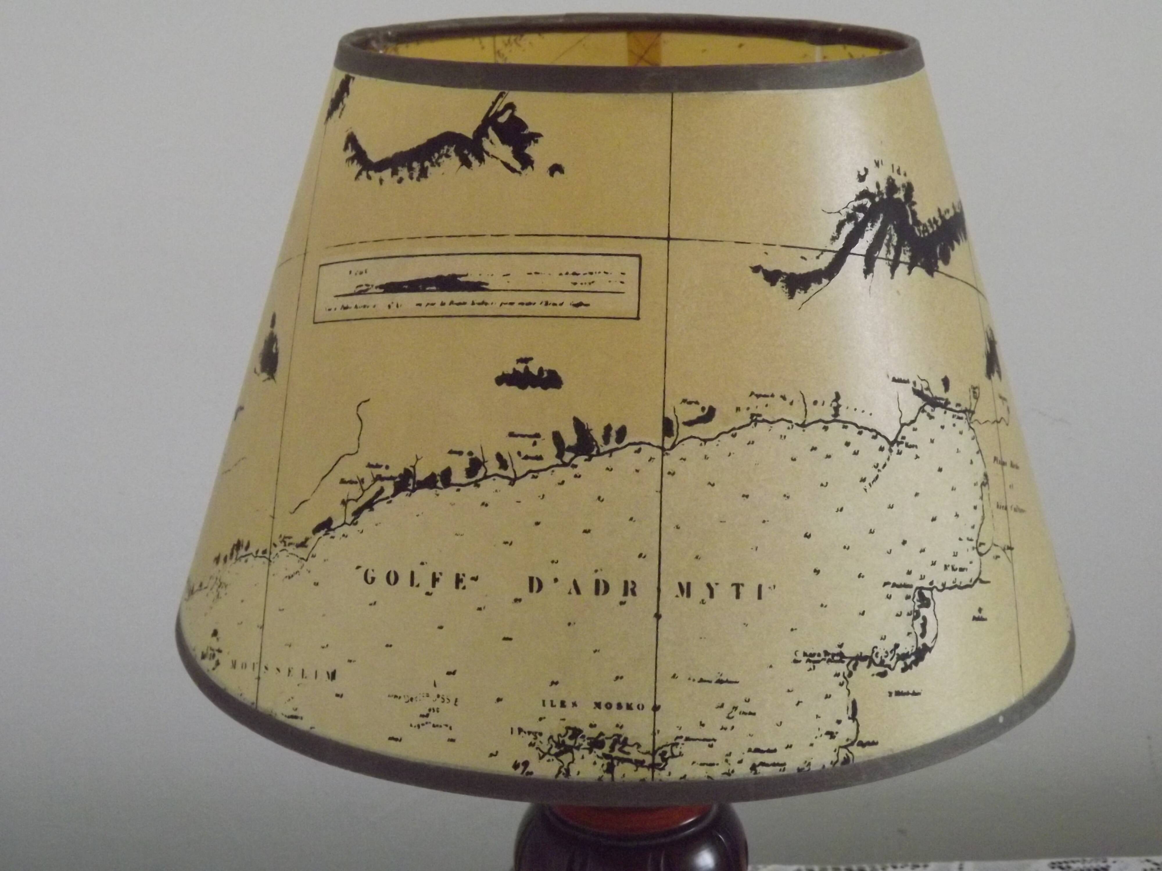 French Mid Century Round Turned Wood Grooved Table Lamp Map Detail Shade