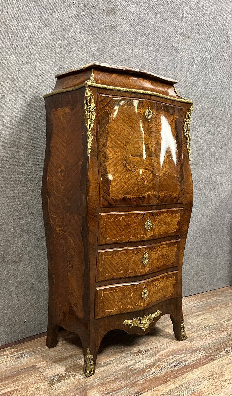 Secretary of Lady curved Louis XV style in precious wood marquetry circa 1850
