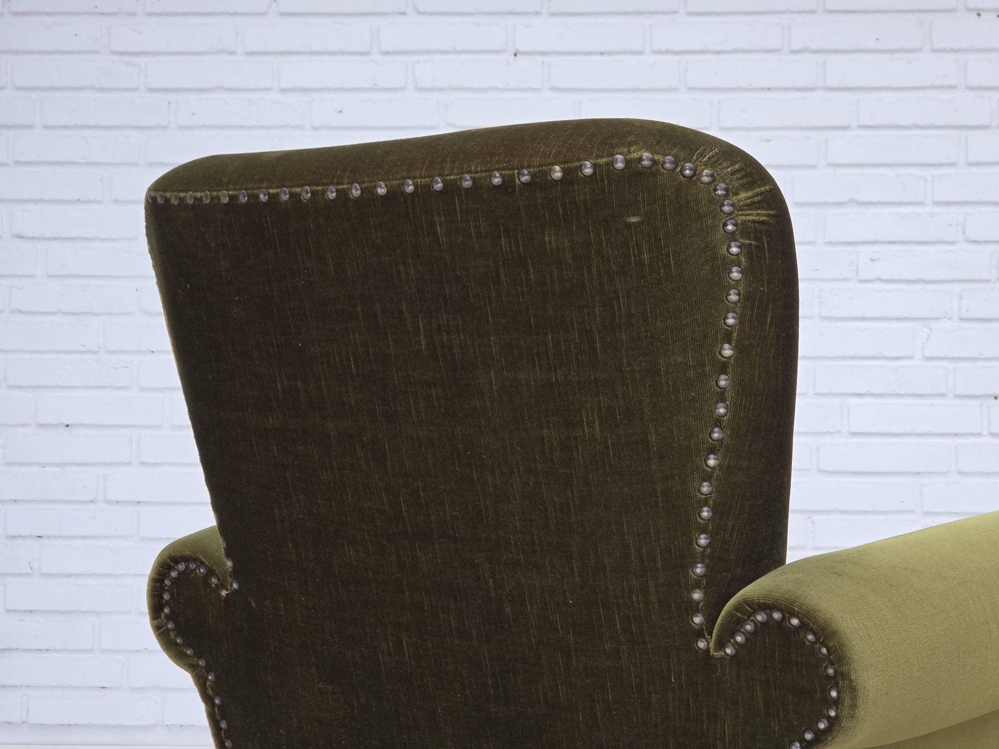 1970s, Danish lounge chair, high, furniture velour, ash wood legs.