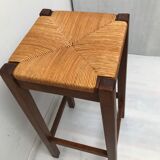 Paire de tabourets bar paille en  bois massif des années  50