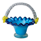 Bol avec poignée en verre de Murano bleu et fleurs jaunes - Décor vintage italien des années 1970.