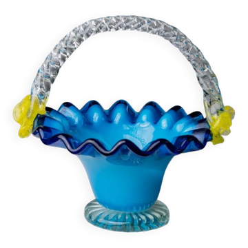 Bol avec poignée en verre de Murano bleu et fleurs jaunes - Décor vintage italien des années 1970.