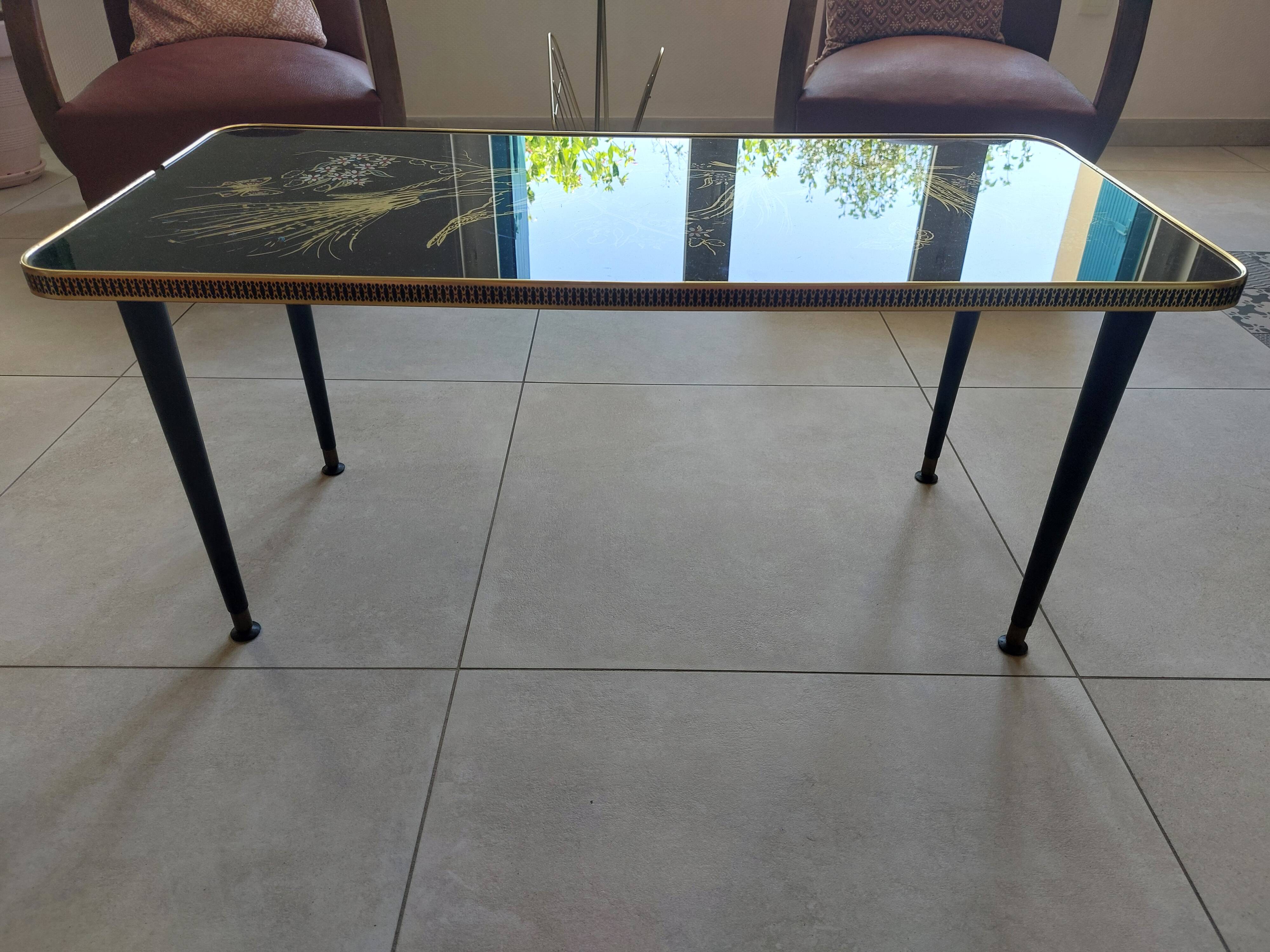 Japanese patterned coffee table, tapered legs and brass, vintage.