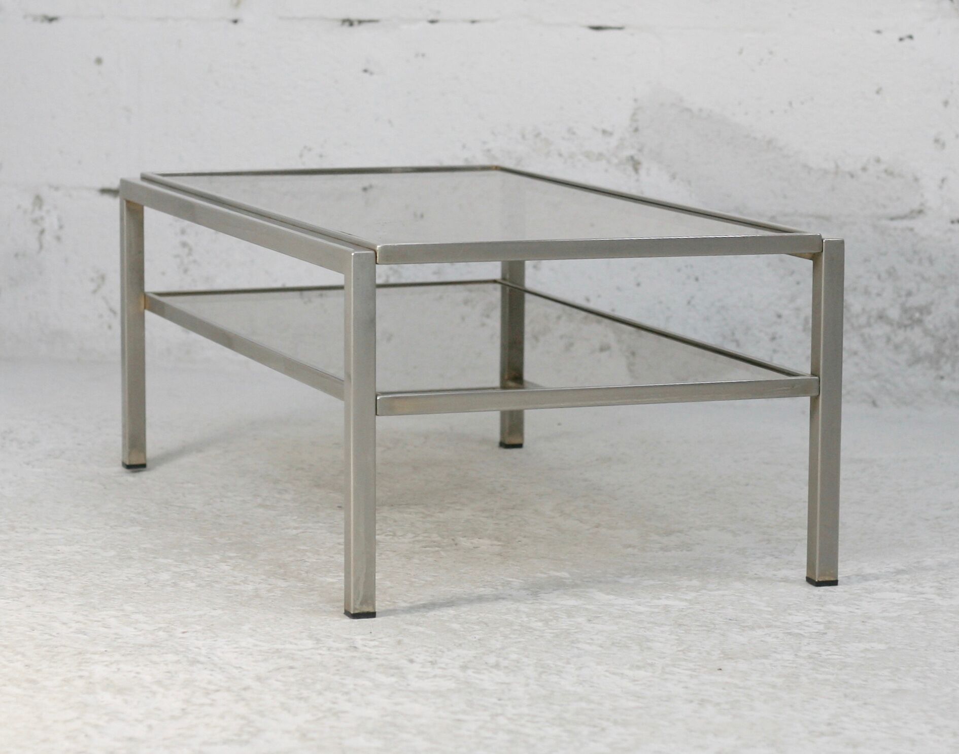 Double coffee table trays smoked glass steel. France, circa 1970