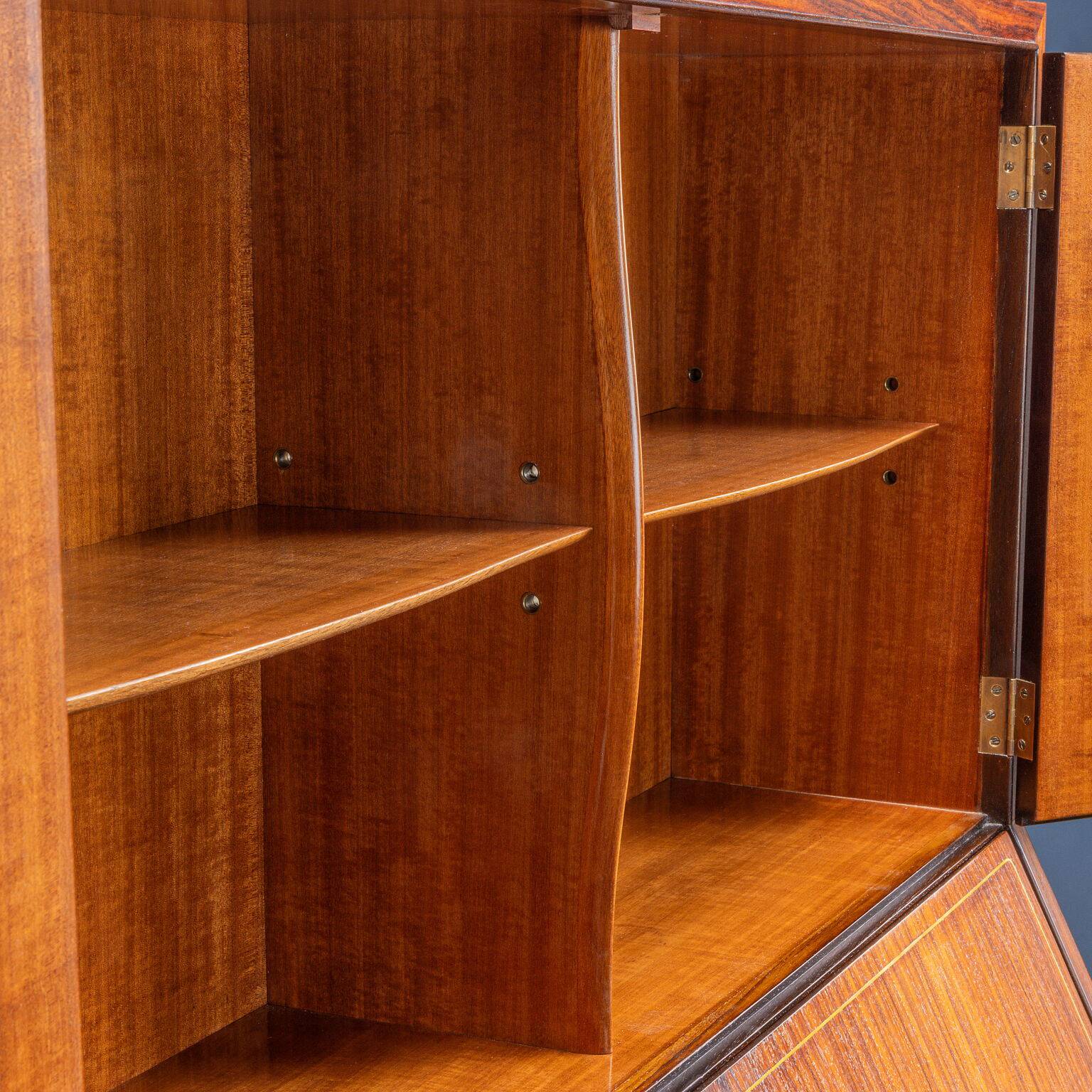 Bureau secrétaire vintage à rabats en bois exotique et laiton, années 1950.