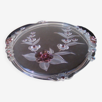 Plat en verre avec décoration florale bichrome en pate de verre, vintage