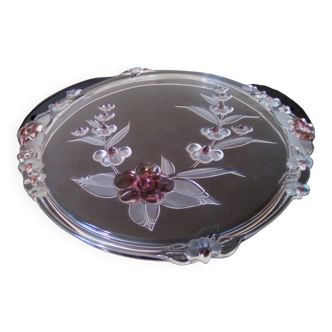 Plat en verre avec décoration florale bichrome en pate de verre, vintage