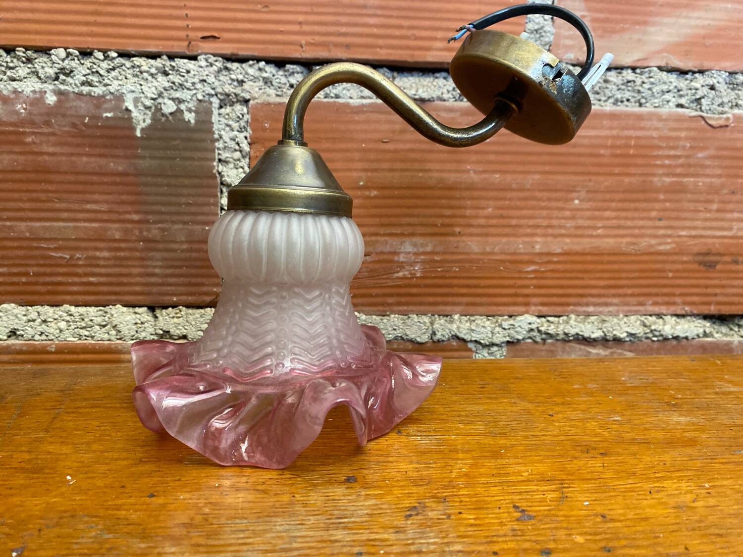 Antique Swan Neck Wall Lamp Gold Metal + Vintage Pink Glass Tulip