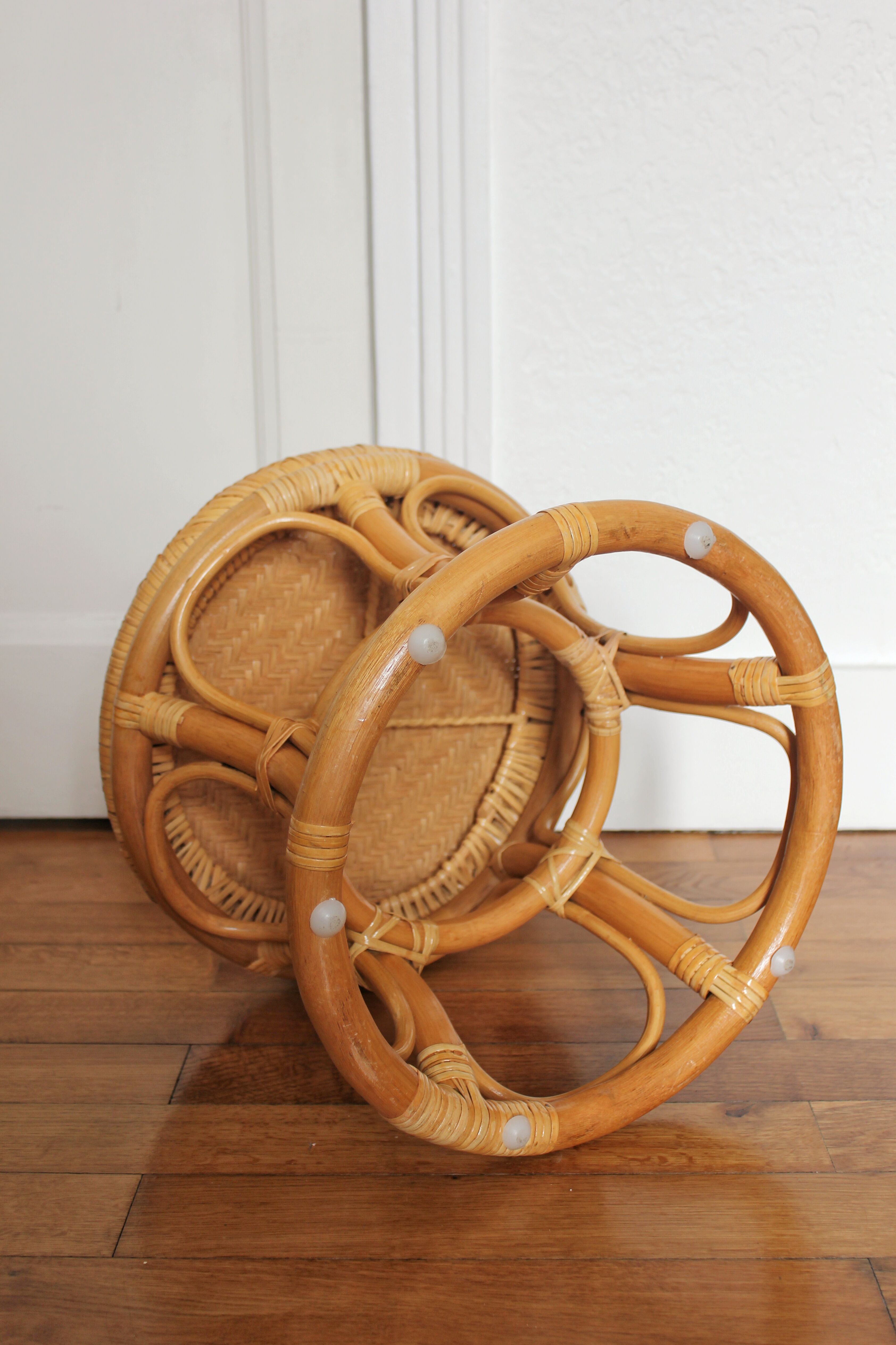 Low rattan stool and vintage canning