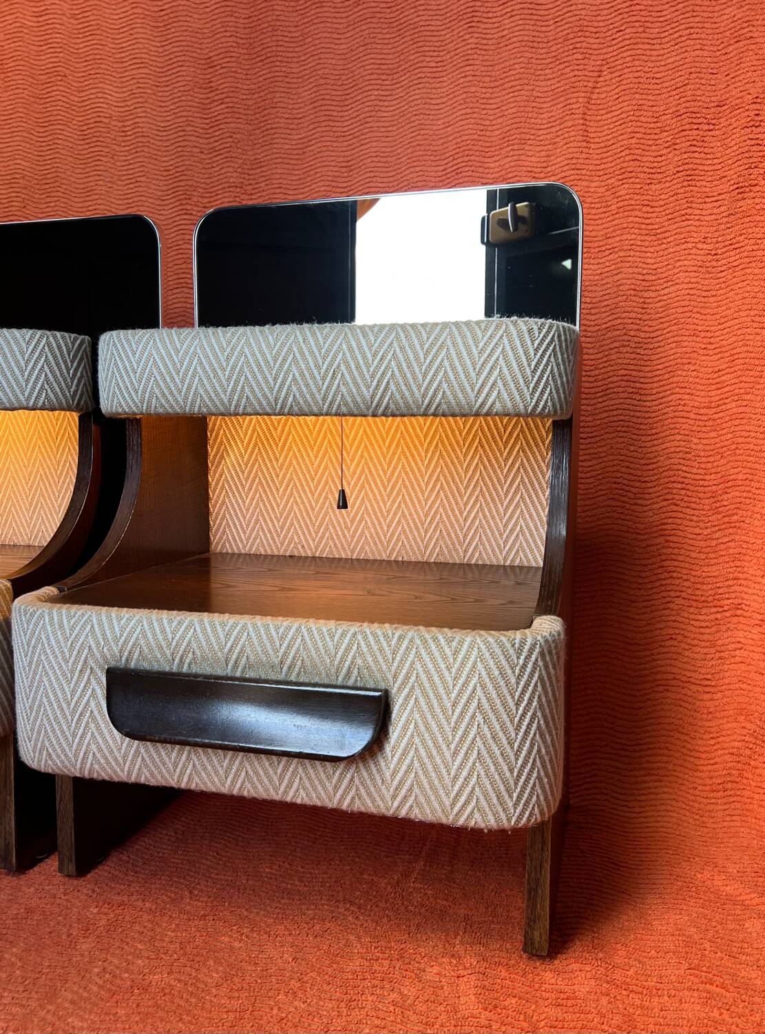 SET OF 2 VINTAGE 1970S NIGHTSTANDS/SOFA ENDS IN WOOD AND FABRIC