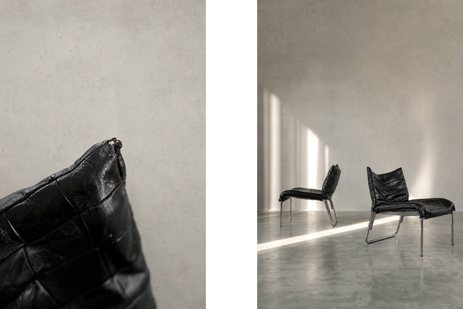Chaises longues en cuir noir patchwork suédoises modernes du milieu du siècle d'IKEA