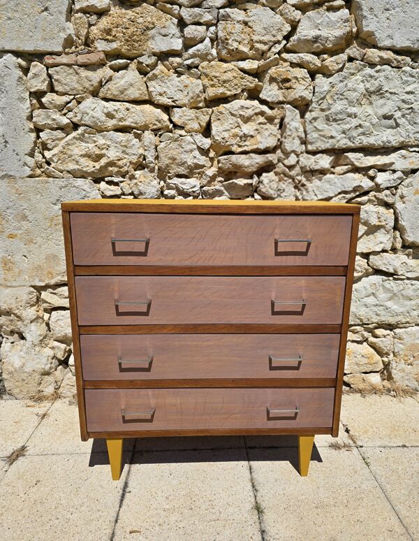 Commode vintage 4 tiroirs en placage de bois et plateau jaune moutarde, restaurée