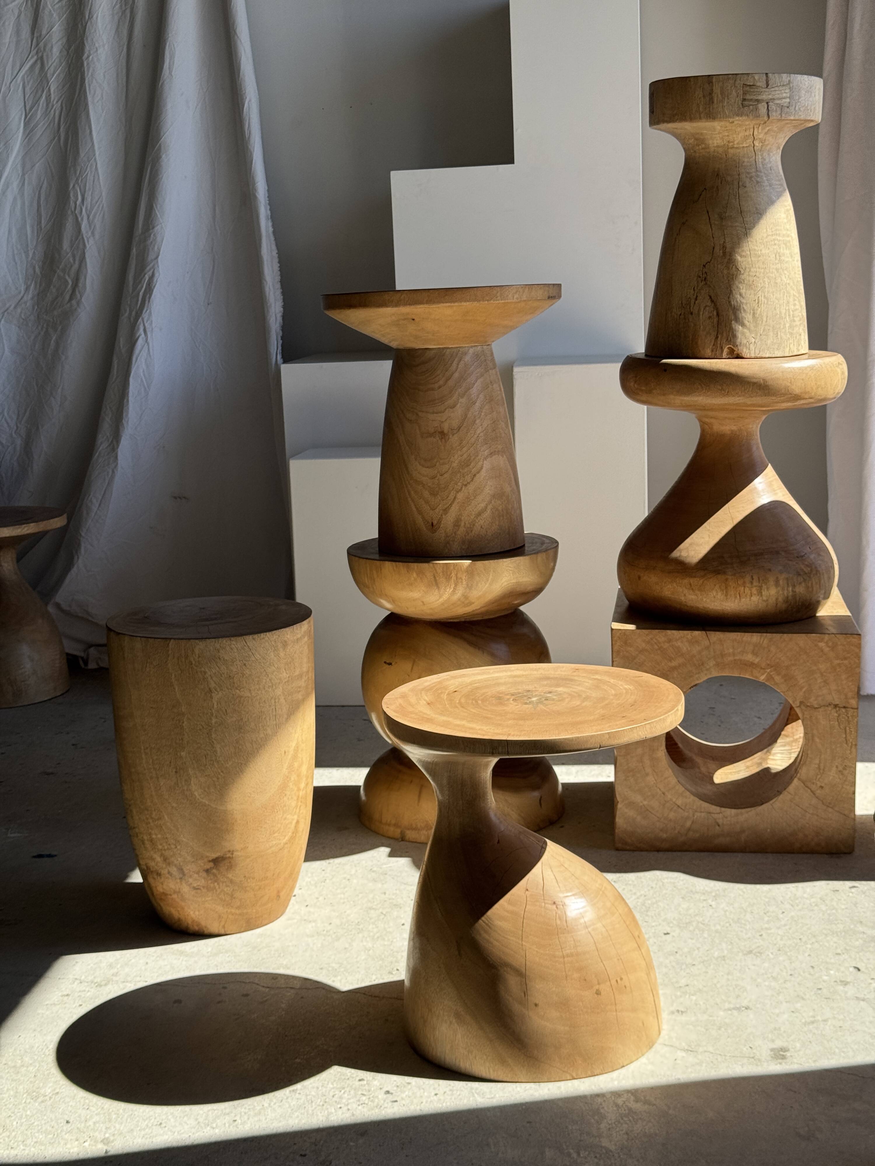 Stool, side table, cylindrical solid mango wood end table.