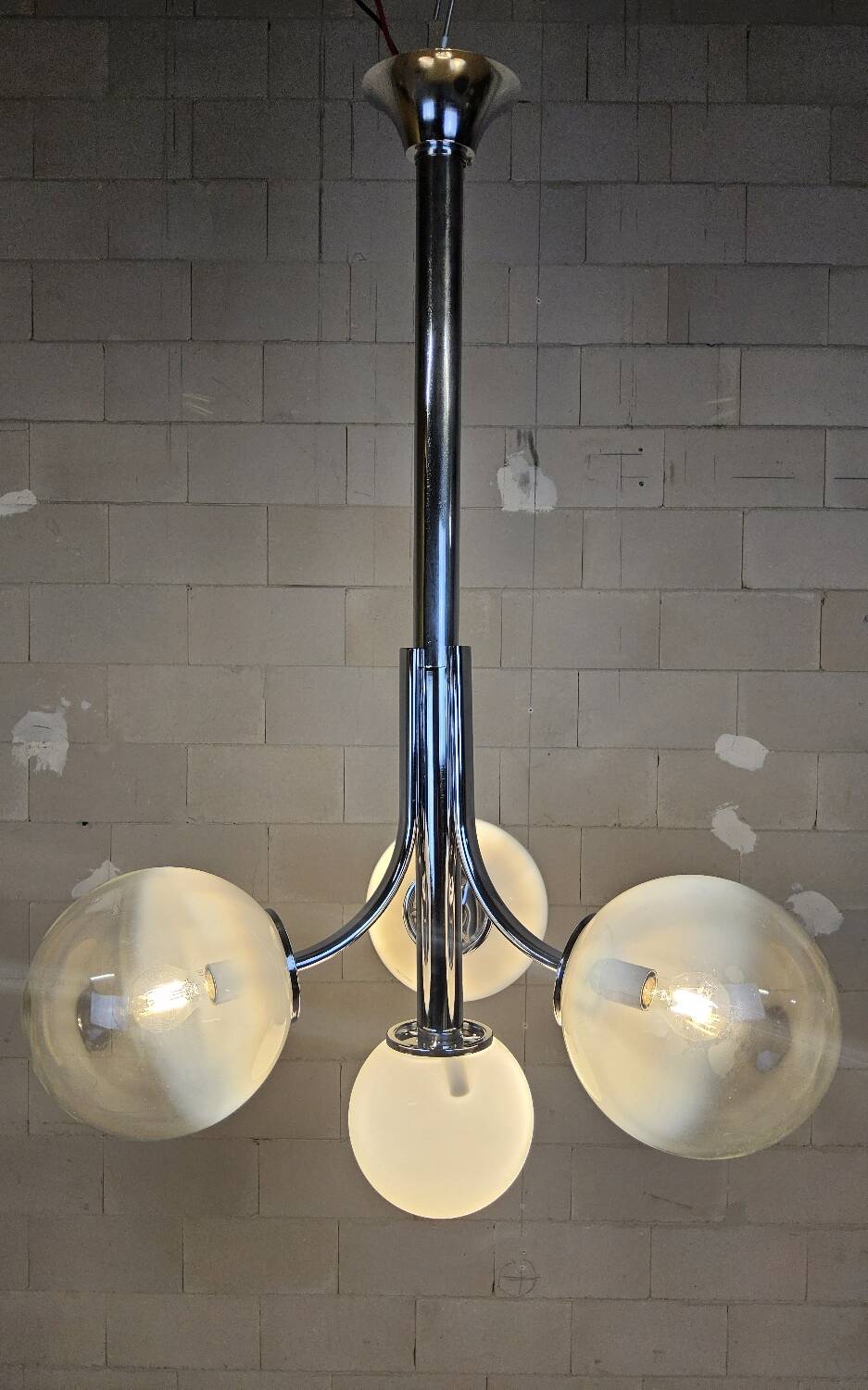 Vintage Space Age Chrome and Murano Glass Italian Pendant Lamp
