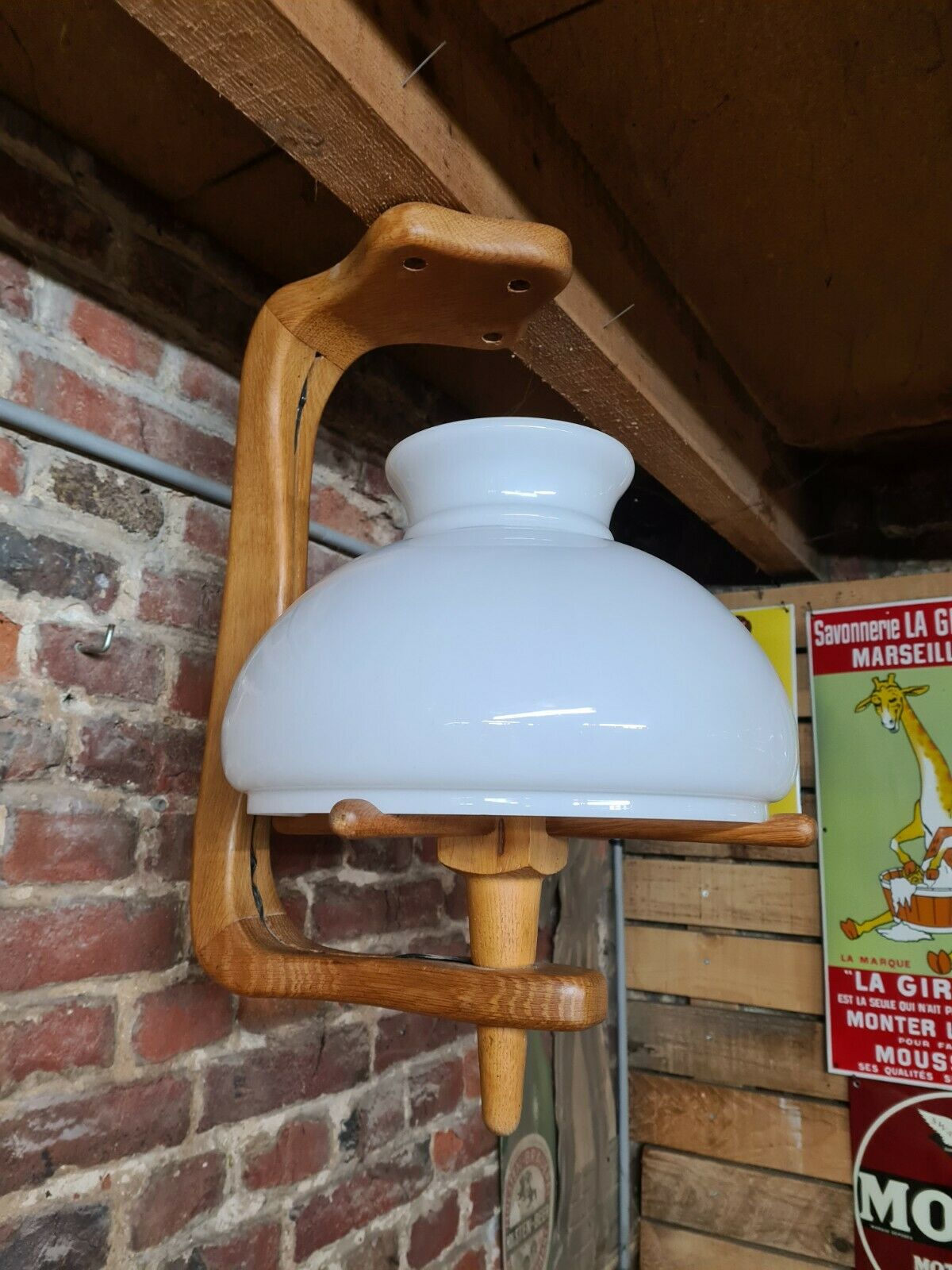 Vintage pendant lamp with opaline "your home" byGuillerme & Chambron in wood