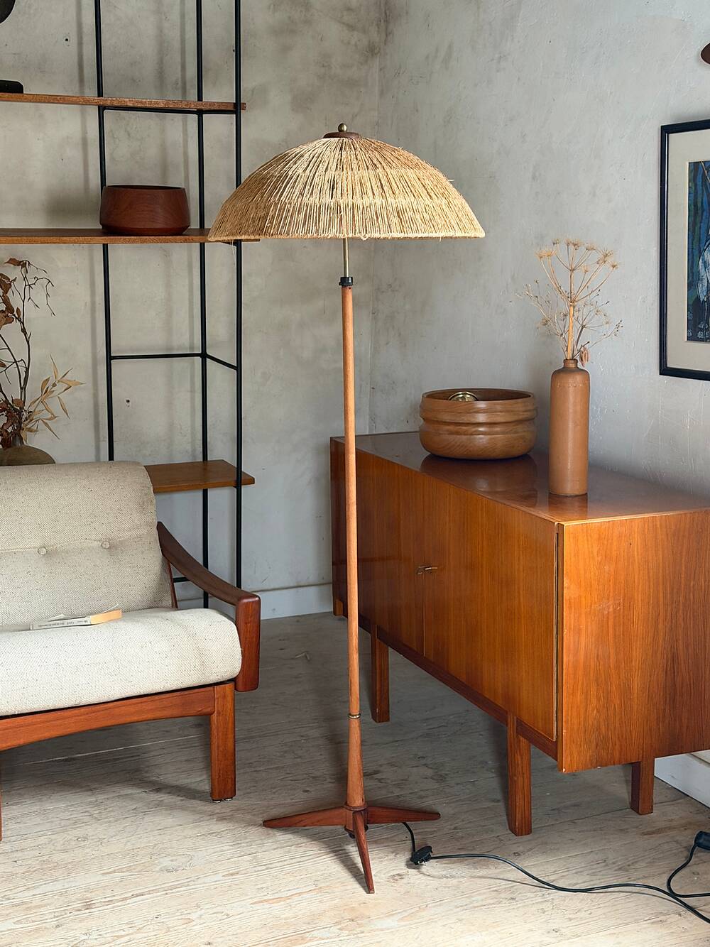 Scandinavian tripod reading lamp in teak and brass.
