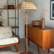 Scandinavian tripod reading lamp in teak and brass.