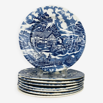 8 assiettes terre de fer anglaises bleues ironstone