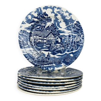 8 assiettes terre de fer anglaises bleues ironstone