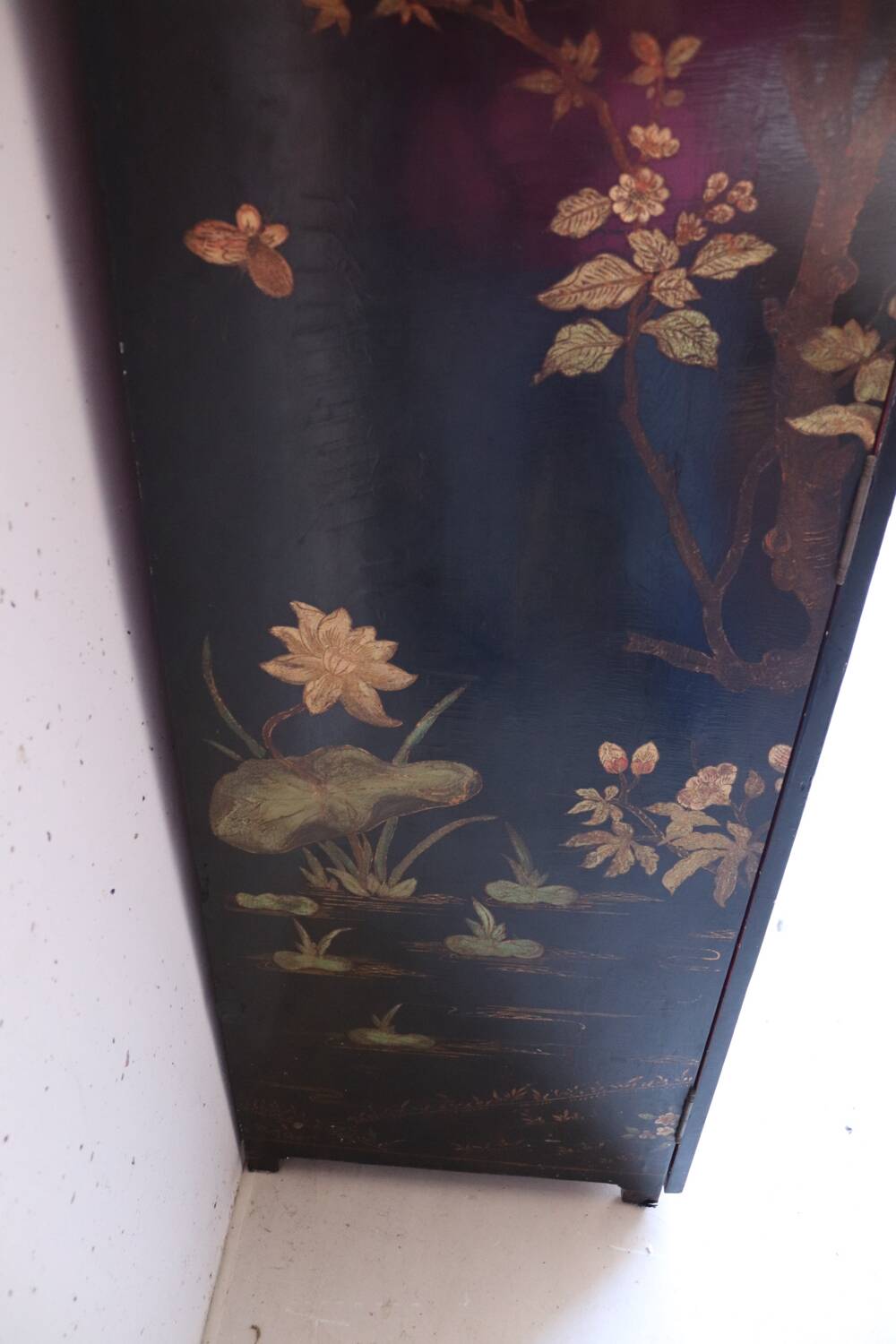 Black and red chinoiserie wardrobe – illuminated vintage furniture