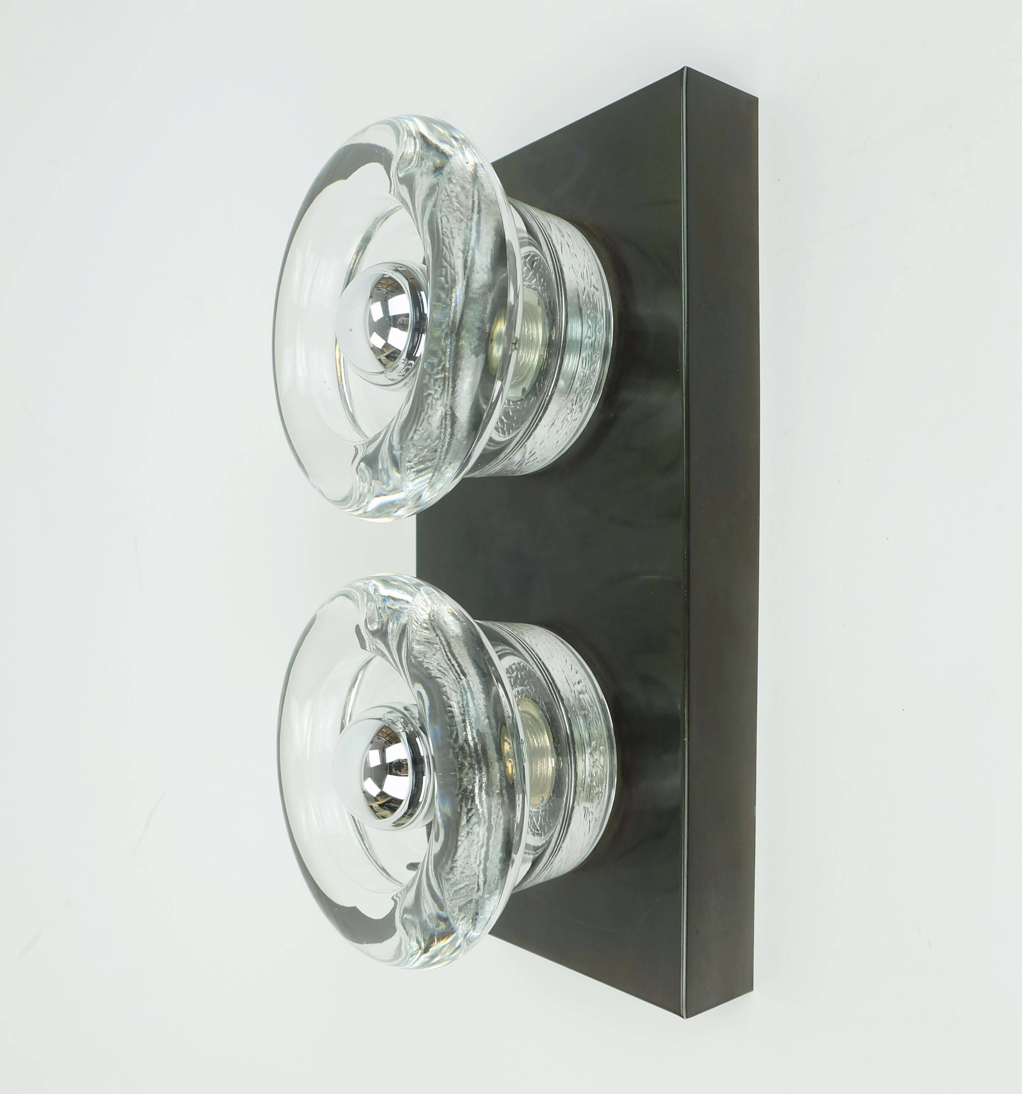 1960s 70s space age sconce by cosack-leuchten 2 thick glass shades and meta