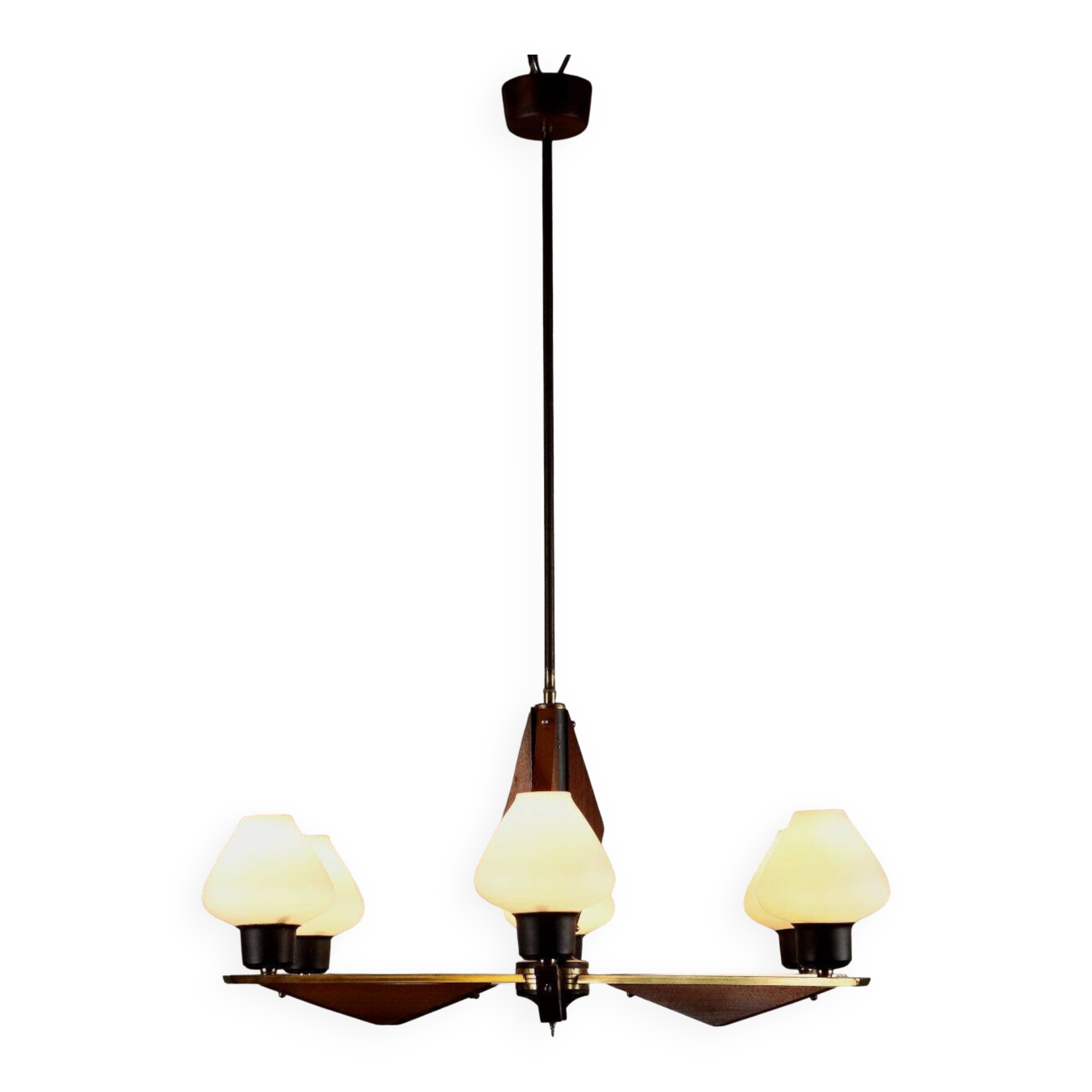 Vintage aluminum and teak chandelier, Italy, 1960s