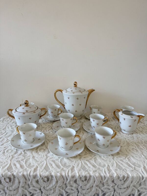 Service à café vintage en porcelaine de Limoges dorée – 15 pièces