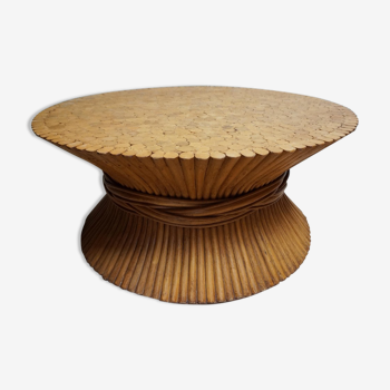 Table basse ronde en bambou de blé avec plateau en verre par McGuire, 1970