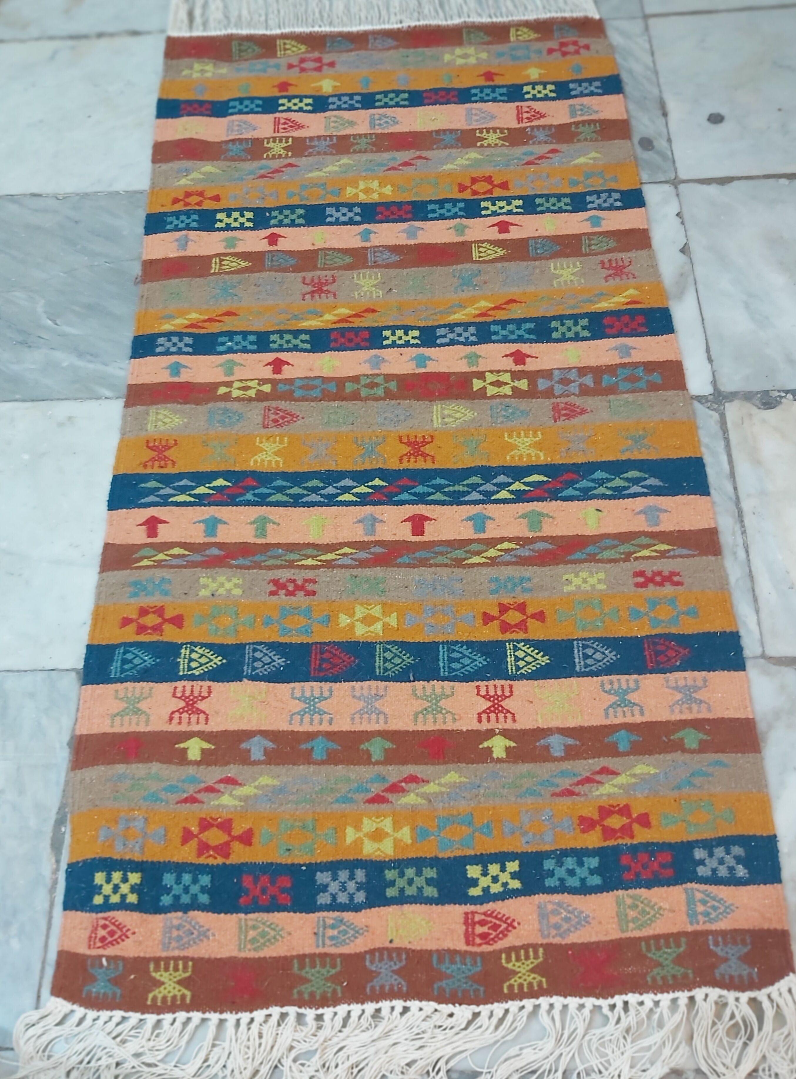 Traditional handmade multicolored striped margoum rug -150x75cm