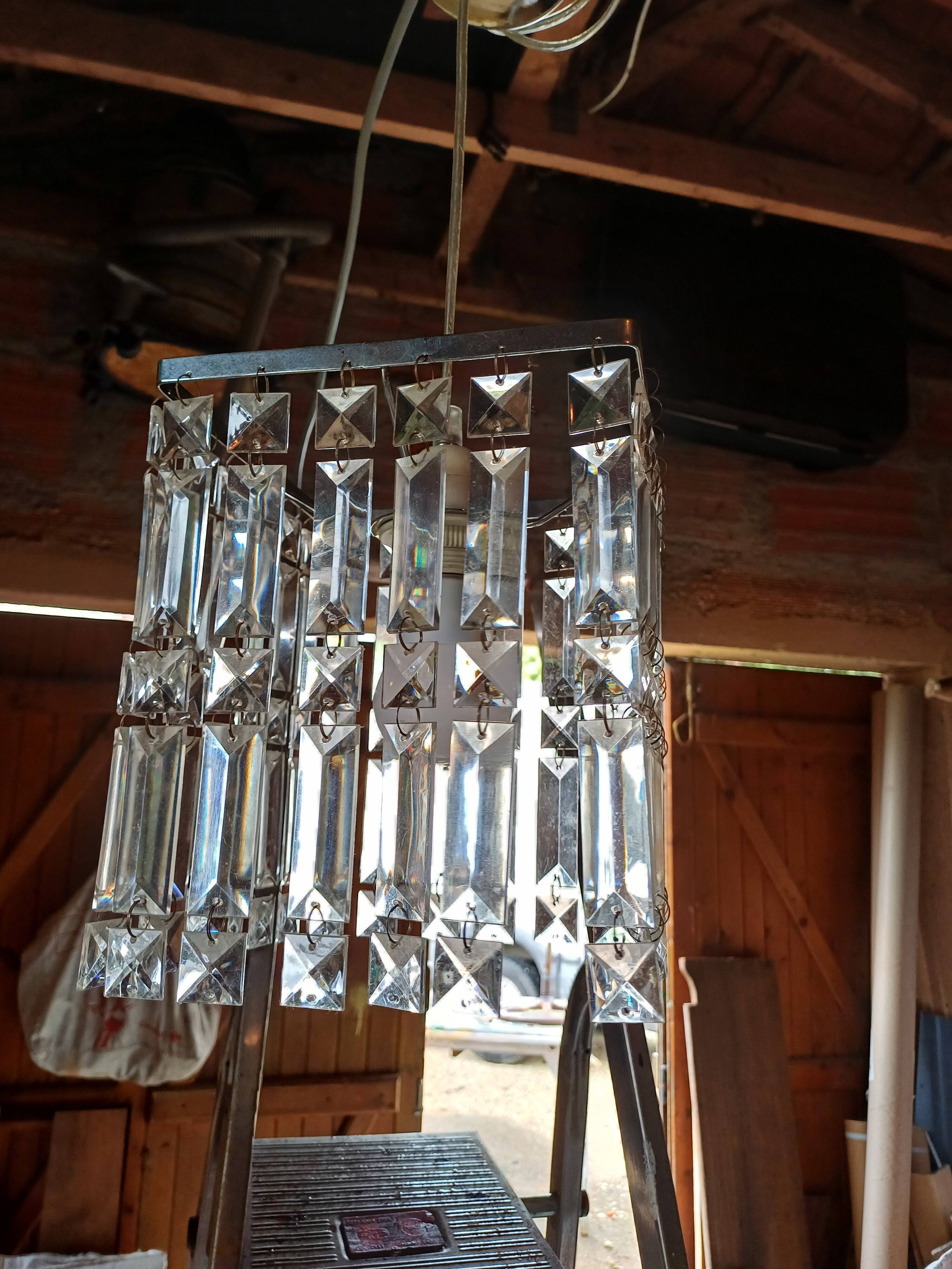 Vintage Chrome Chandelier and Transparent Plastic Pendants