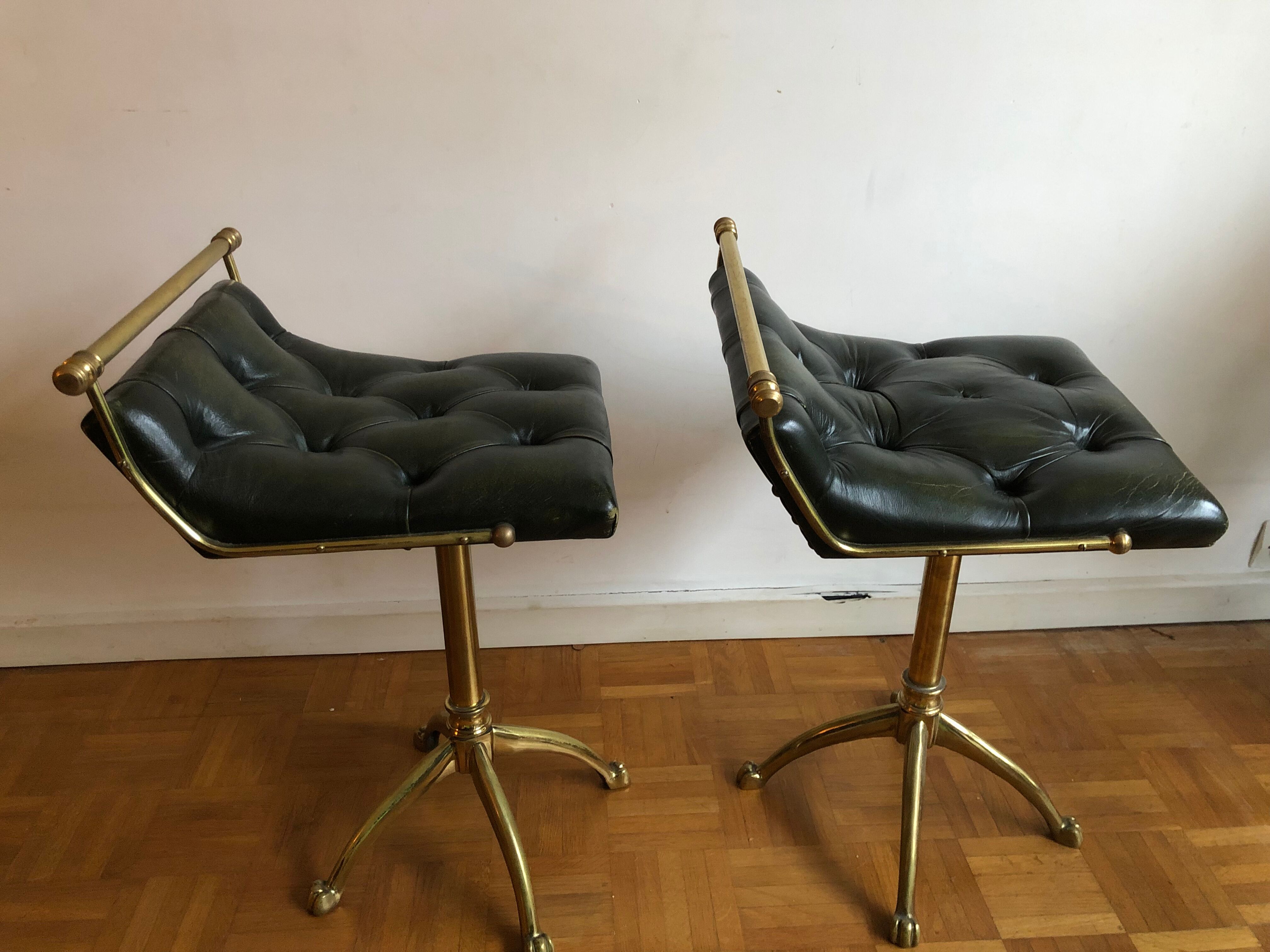 Pair of Chesterfield style brass and leather stools