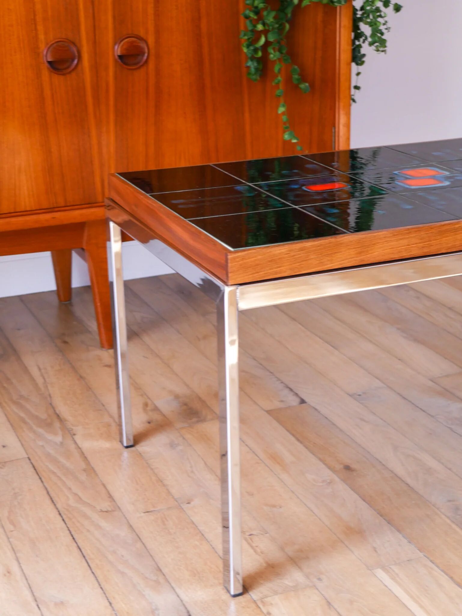 Table basse en céramique, teck & chrome, design, 1970