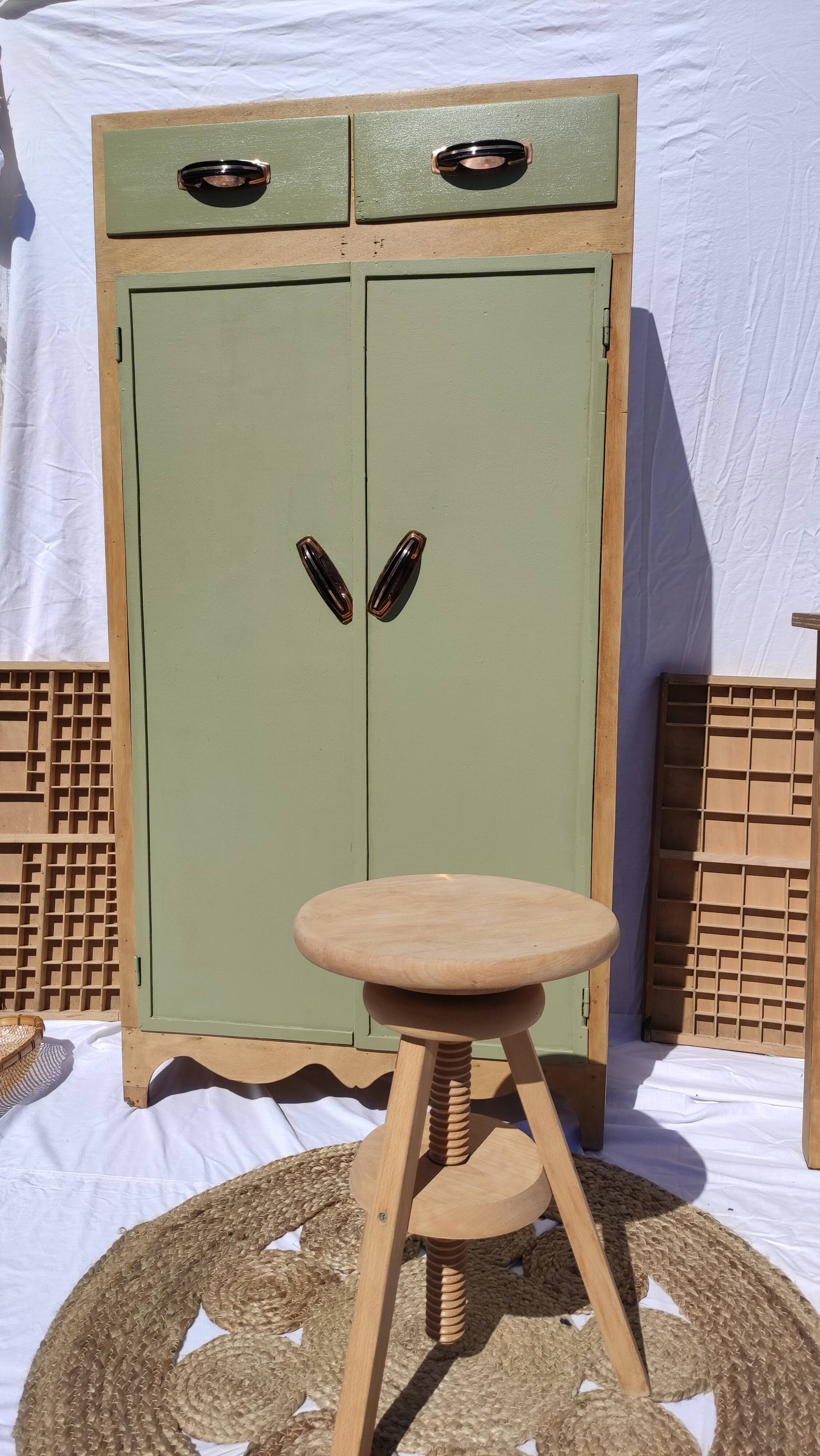 Vintage wooden stool with screws