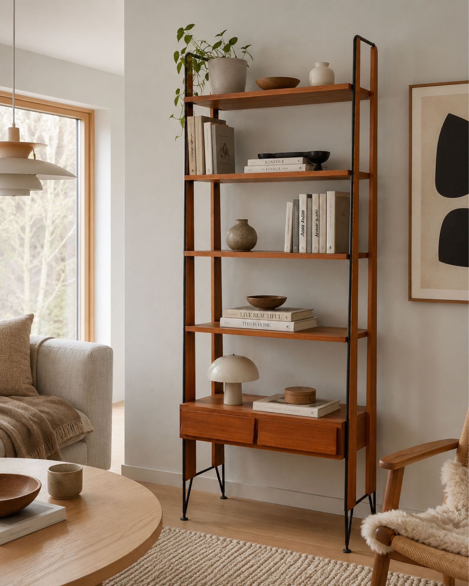 Vintage Scandinavian bookshelf in teak and black metal – Design