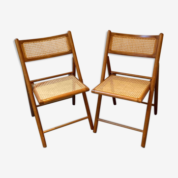 Deux chaises pliantes en bois et cannage osier vintage